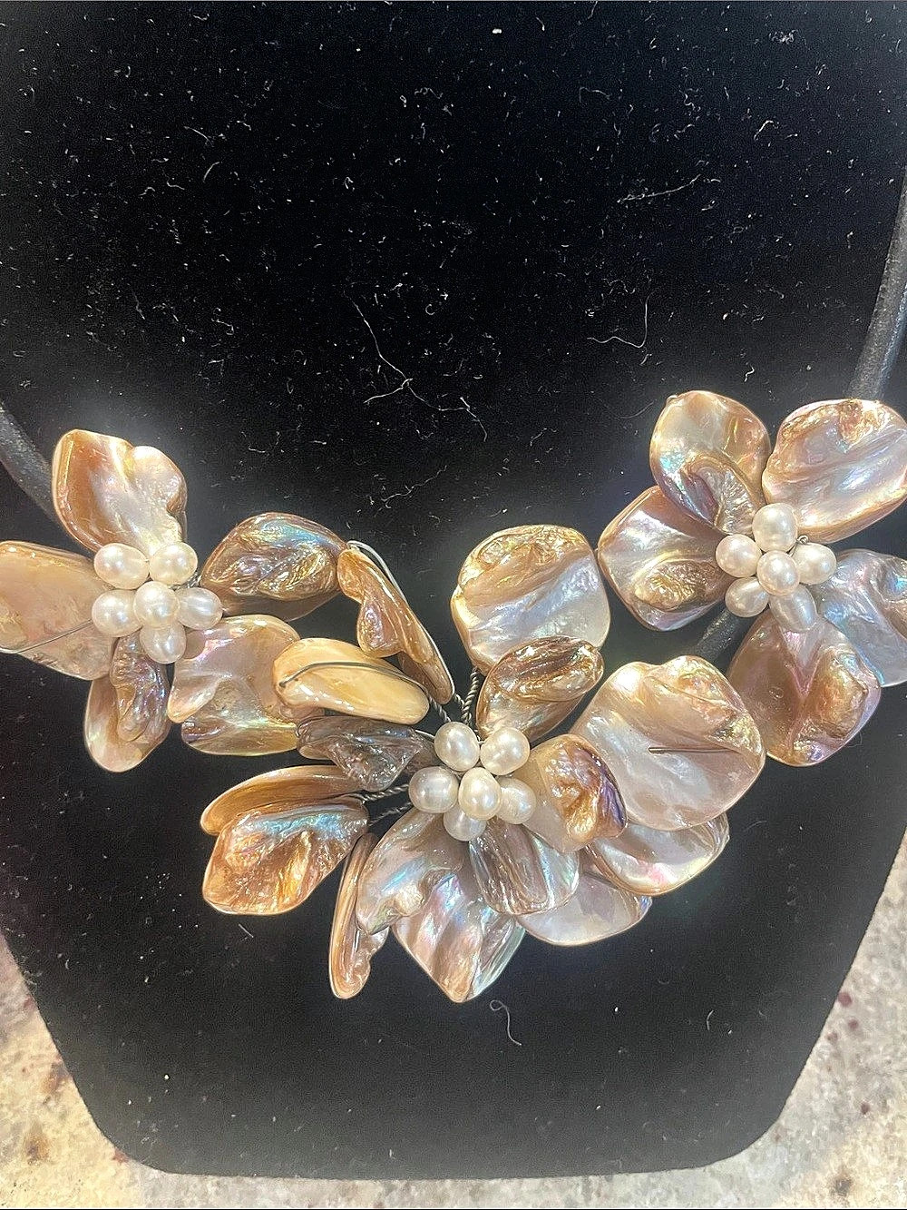 Floral Statement Necklace /iridescent mother of pearl flower clusters 17”35